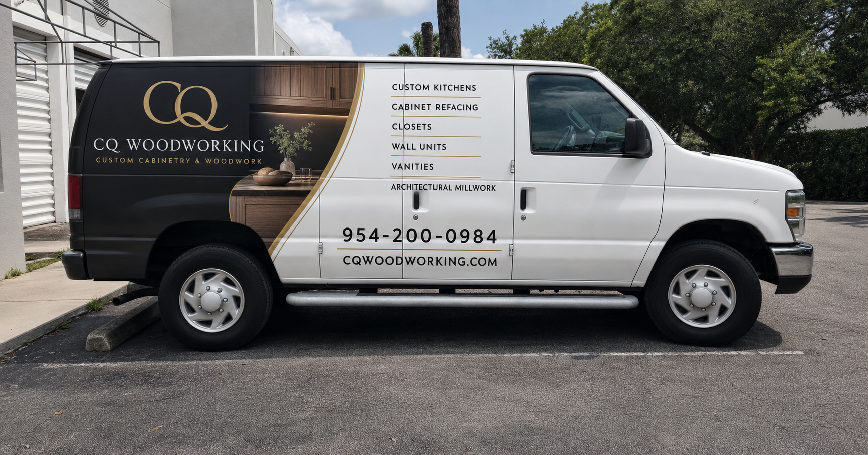 The CQ Woodworking service van parked outside the shop