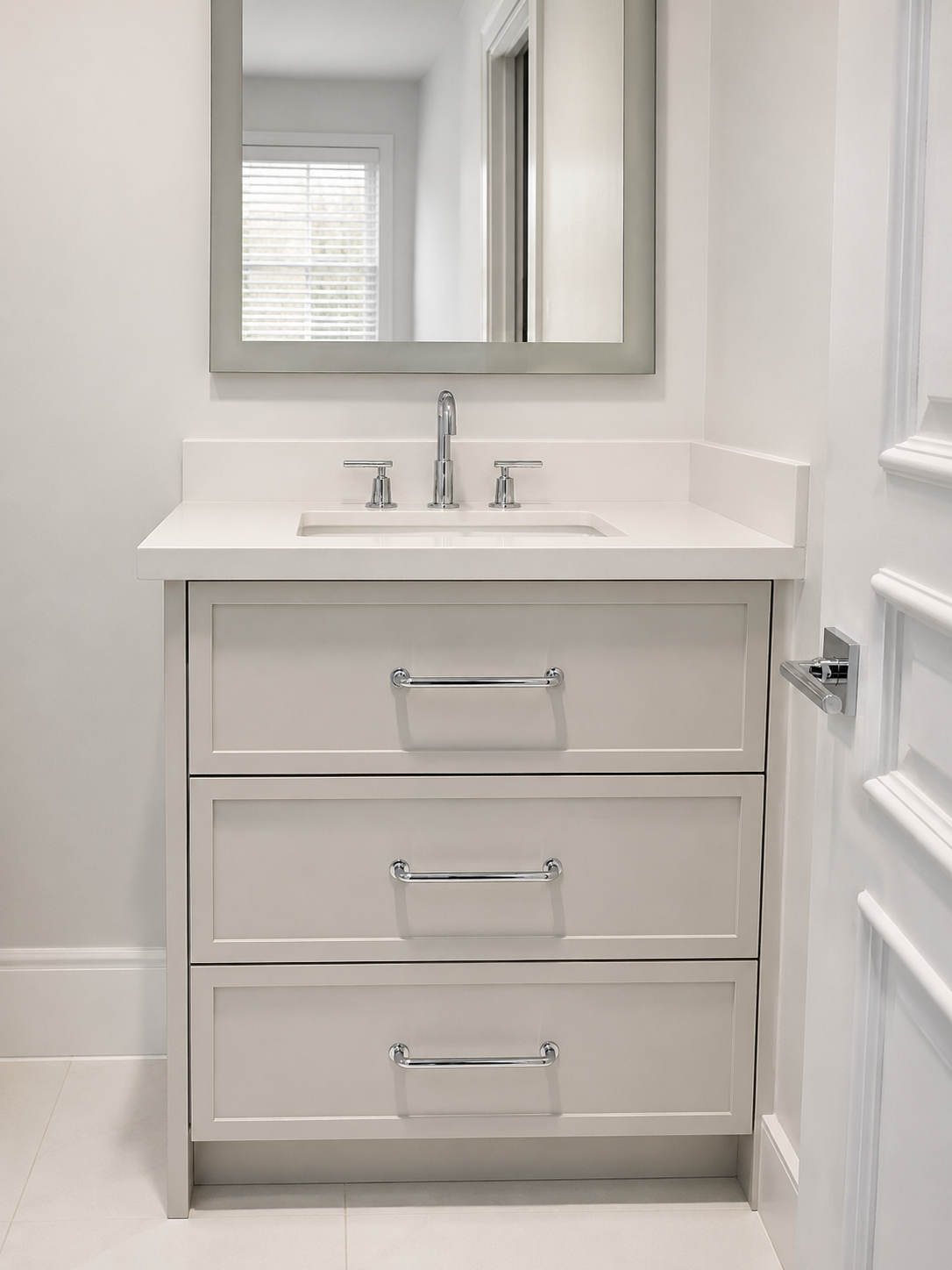 Compact white vanity with three large drawers and polished chrome hardware