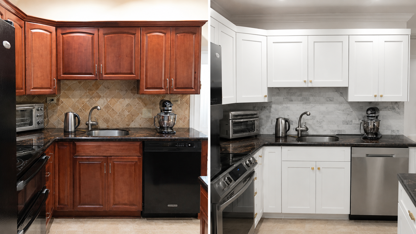 Before and after of a cherry-toned kitchen updated to white cabinetry