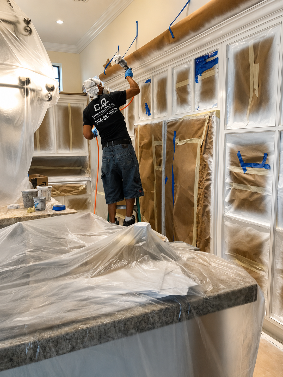 CQ craftsperson spray-finishing detailed crown molding in a masked kitchen