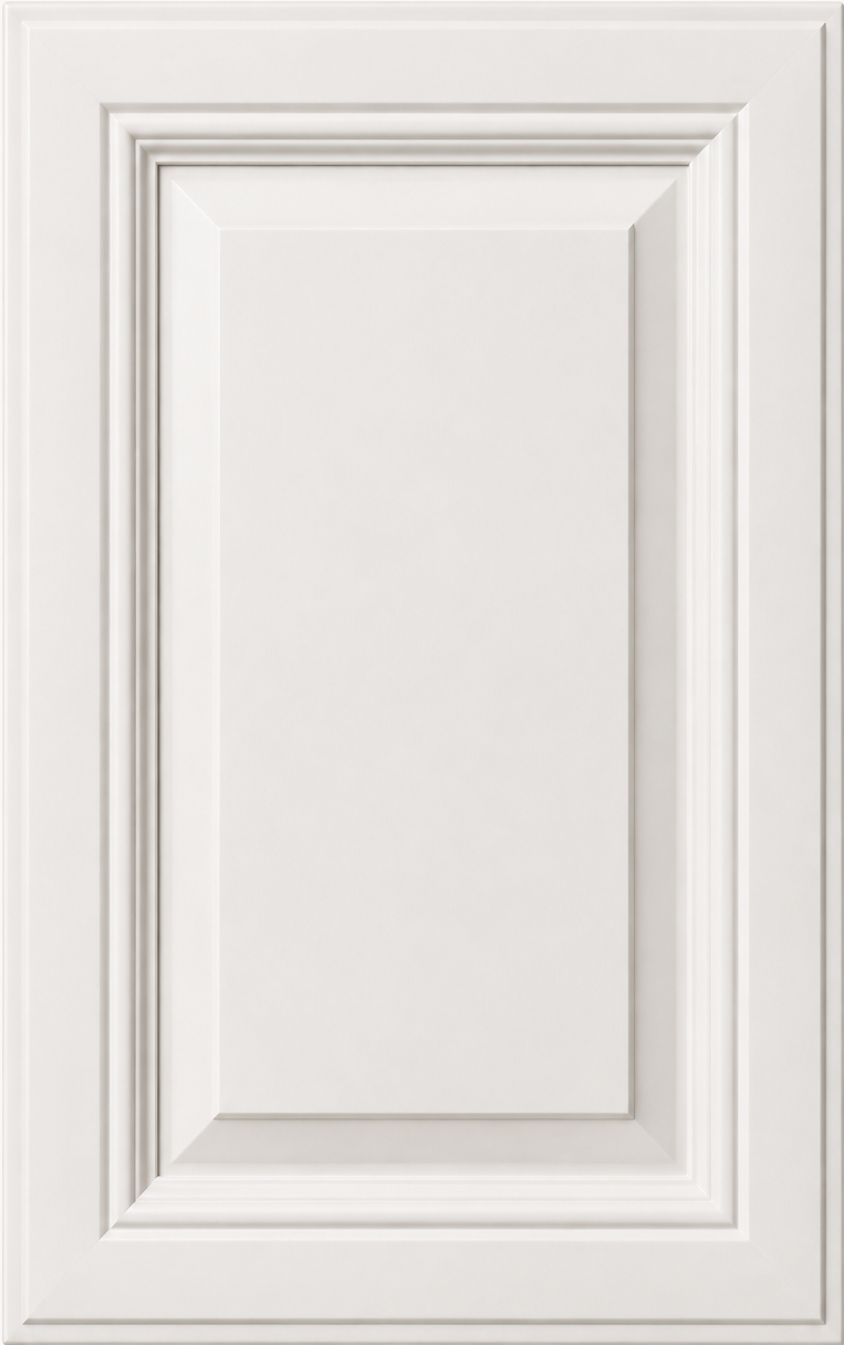 Raised panel cabinet door sample in a soft white painted finish