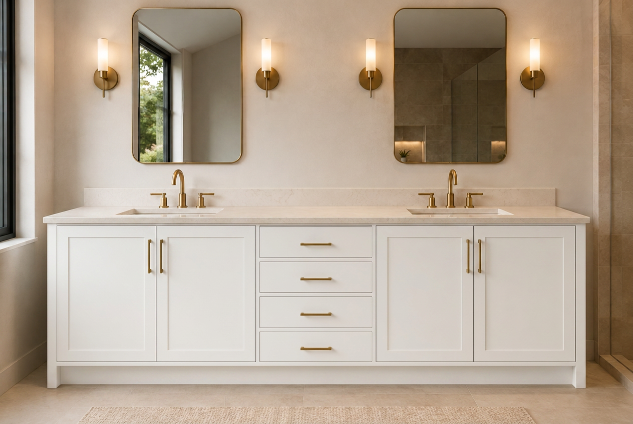 Design visualization of Shaker cabinetry in a soft white painted finish with brass hardware
