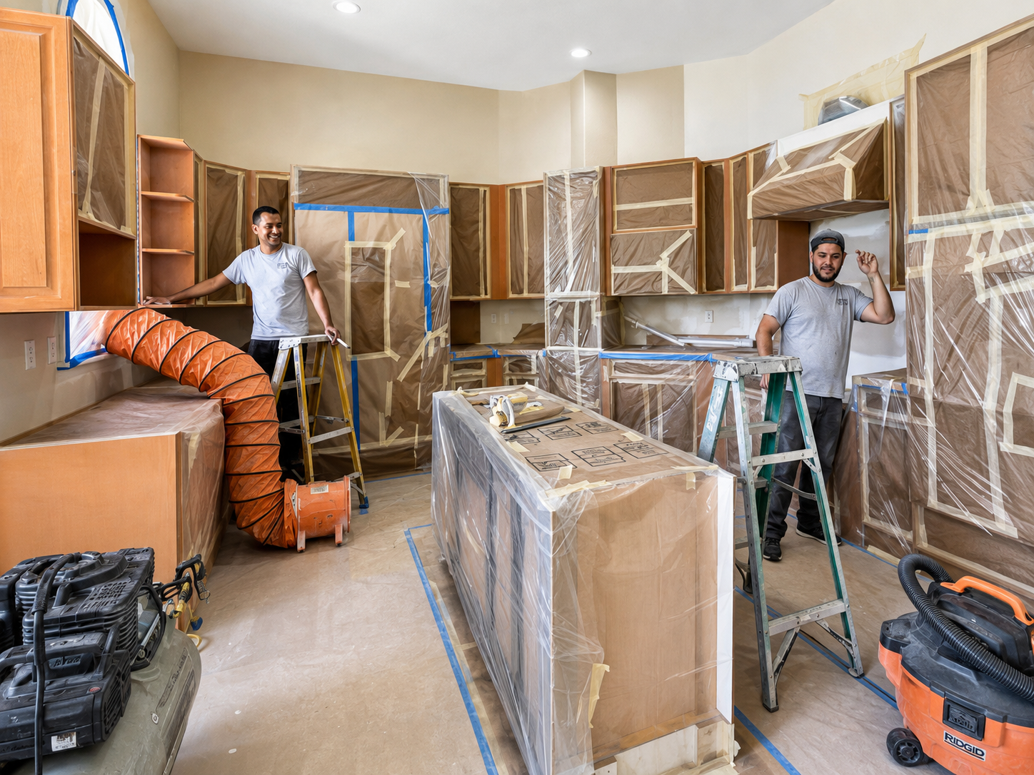 CQ team preparing a kitchen with paper, plastic, ventilation, ladders, and equipment