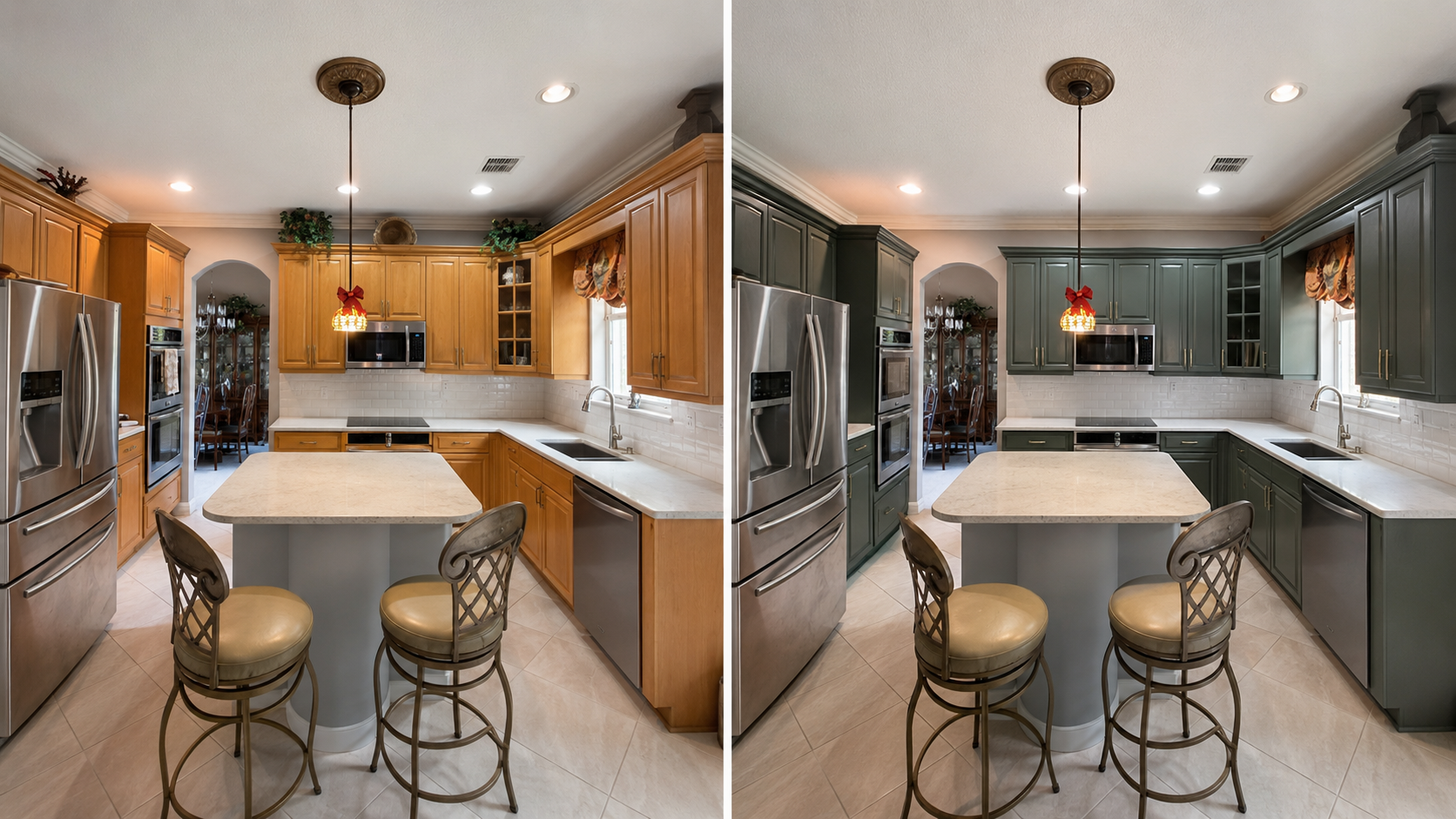 Side-by-side comparison of a kitchen with honey-toned wood cabinetry and the same kitchen after refinishing in deep green