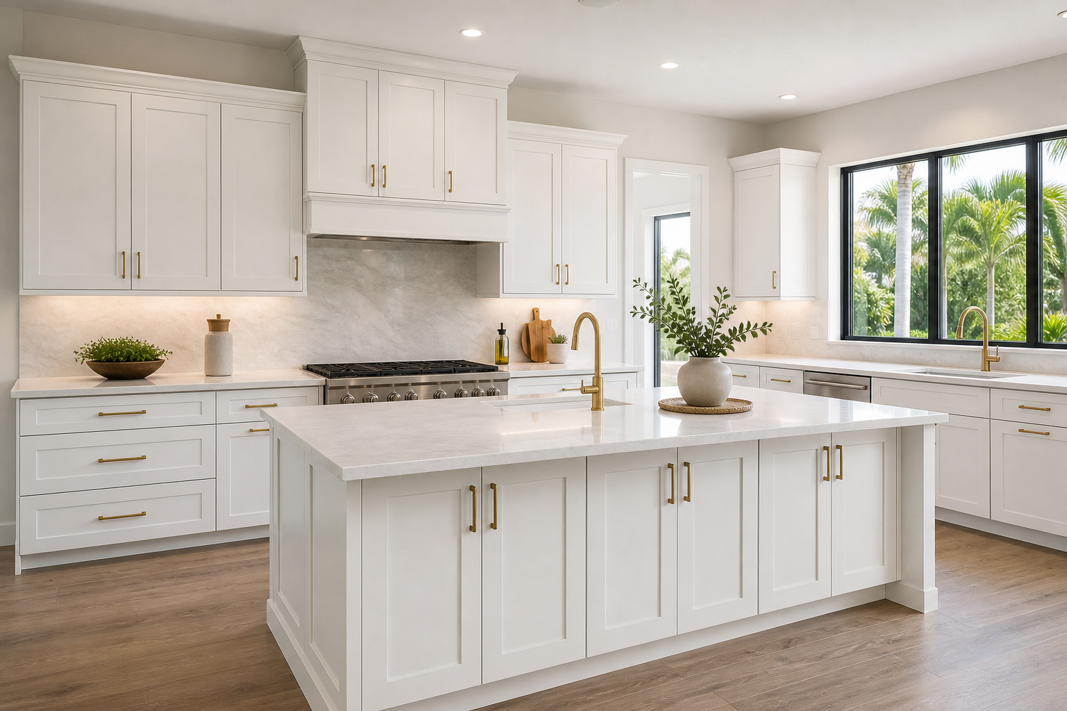 Design visualization of a kitchen with white Shaker cabinetry and a large island