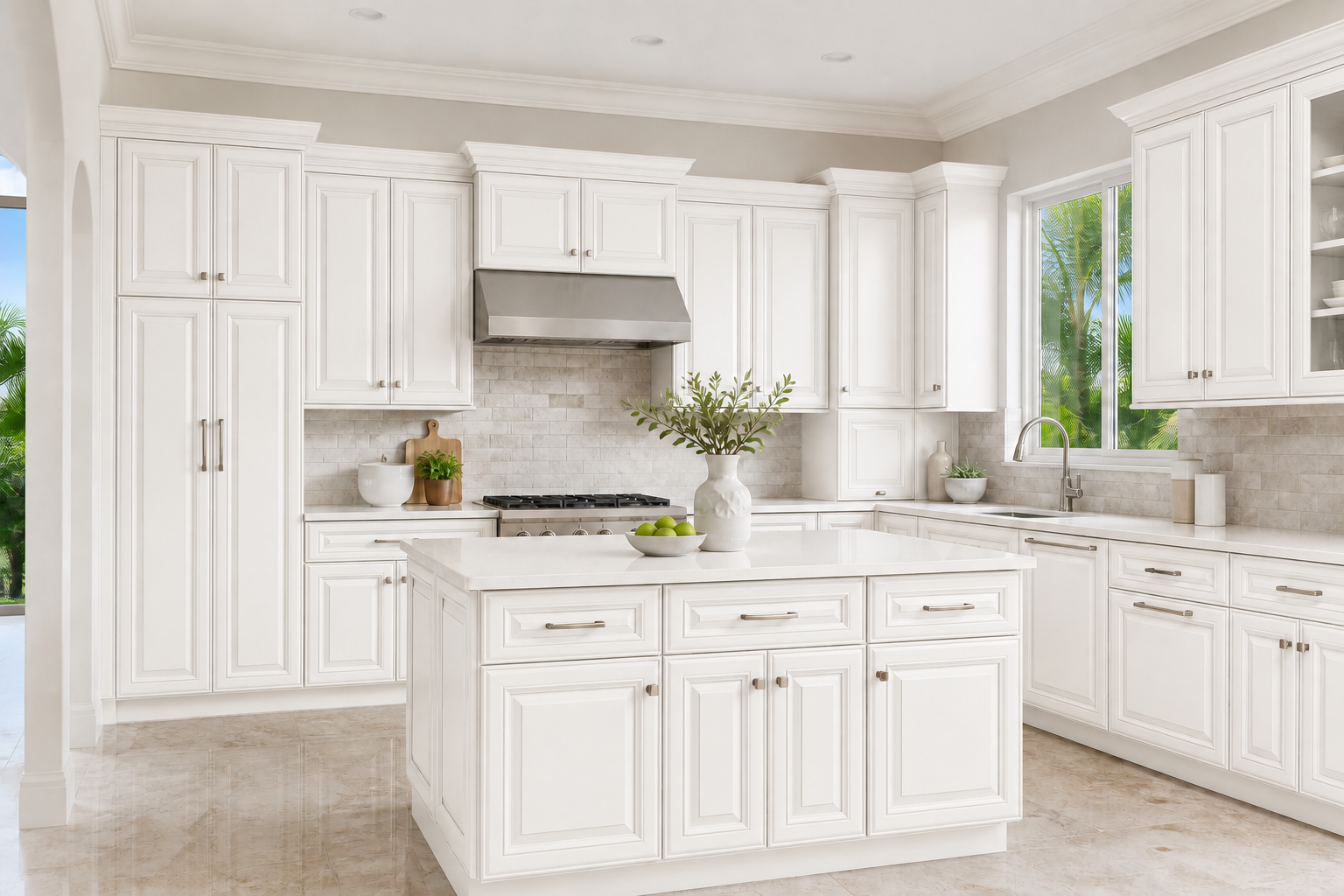 Design visualization of raised panel cabinetry in a soft white painted finish
