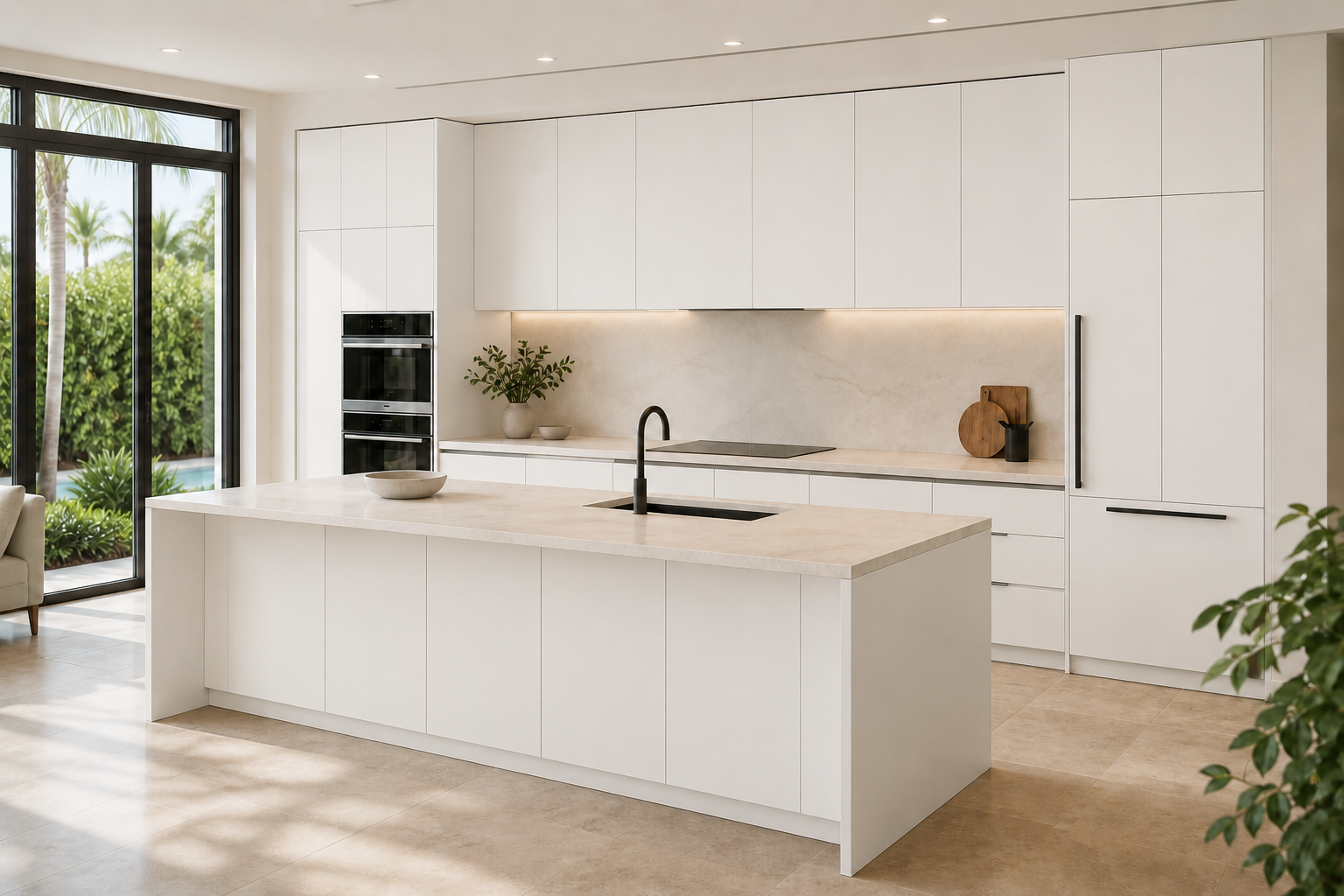 Design visualization of slab flat-panel cabinetry in a soft white finish with black hardware