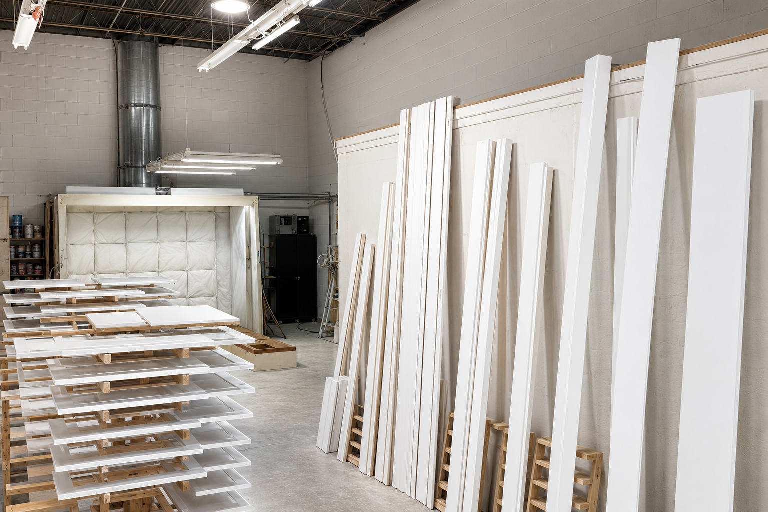 Finishing shop with a spray booth, cabinet doors on drying racks, and painted trim stock