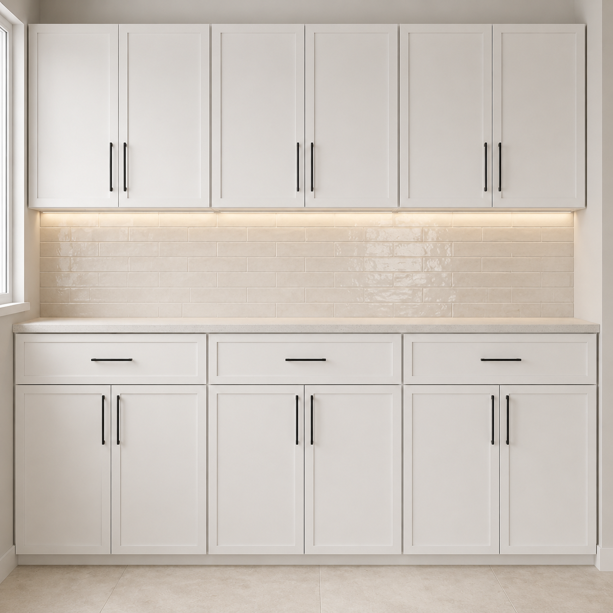 Design visualization of Slim Shaker cabinetry in a soft white painted finish with black hardware