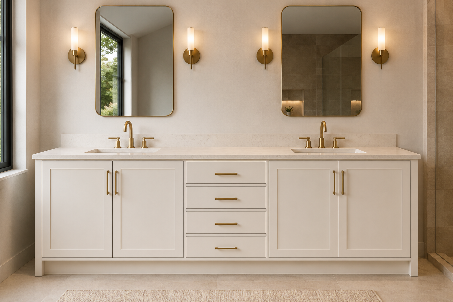 Design visualization of a double-sink bathroom vanity with cream Shaker doors and brass hardware