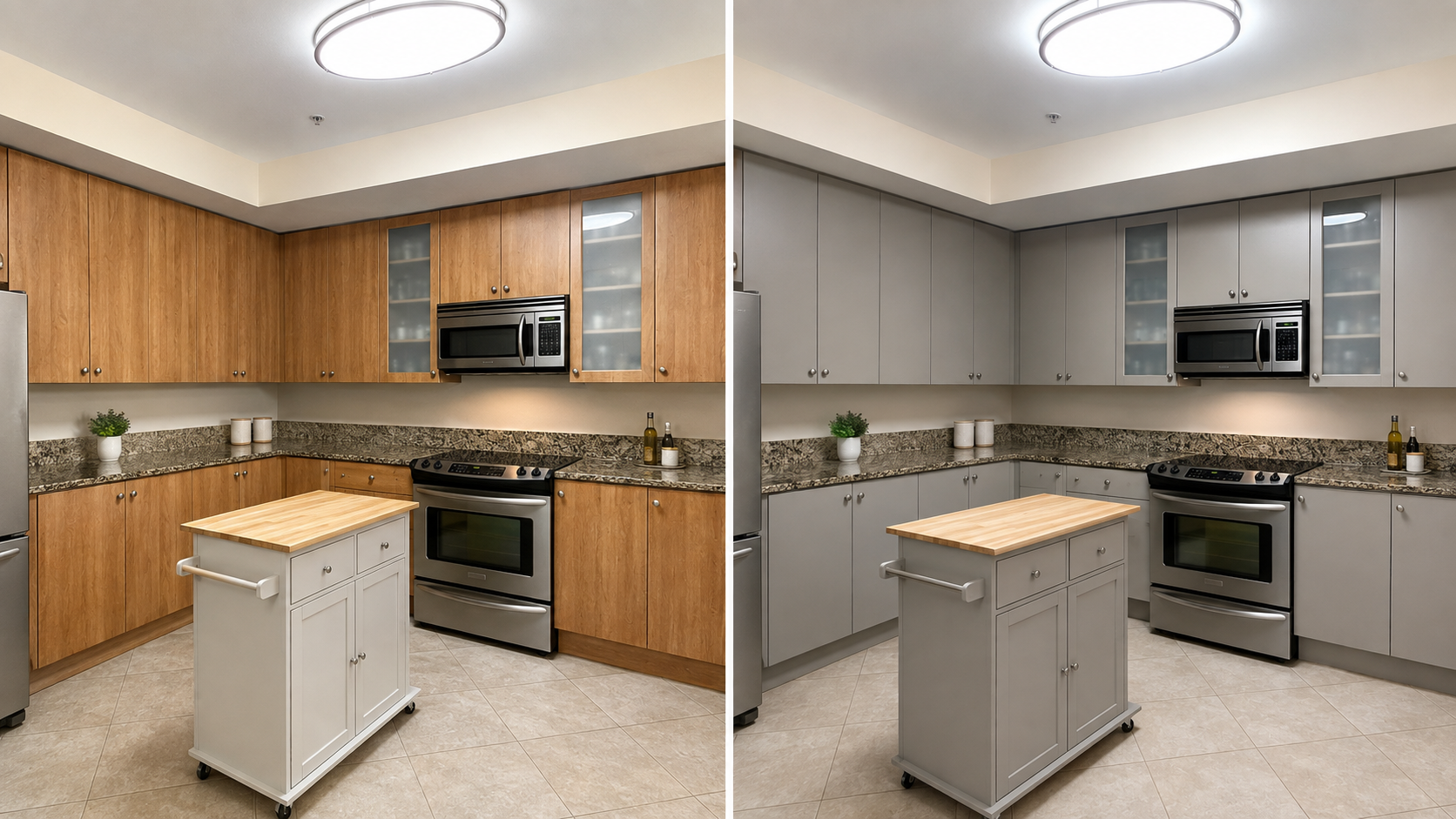 Before and after of a light wood slab-door kitchen updated to a soft gray finish