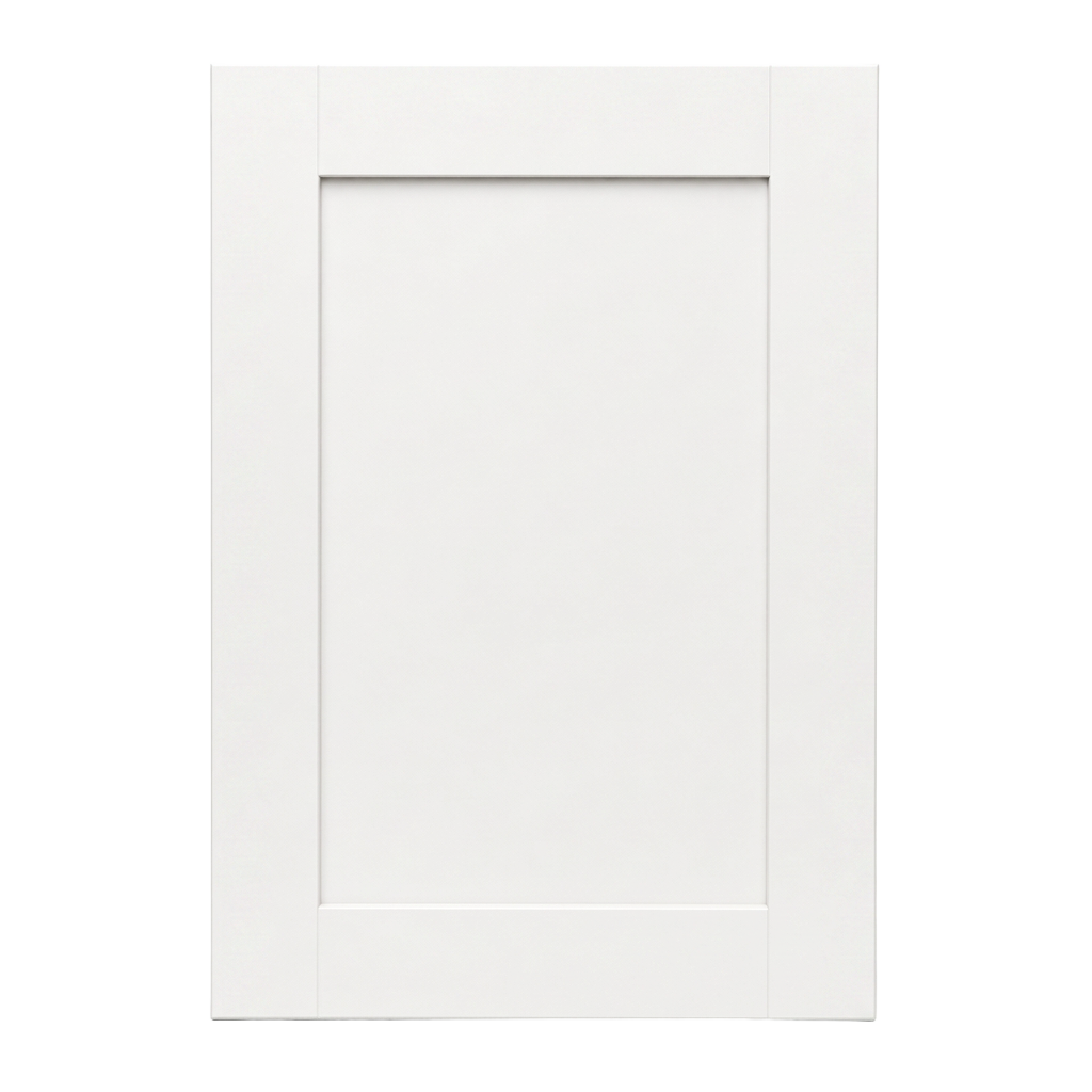 Shaker cabinet door sample in a soft white painted finish