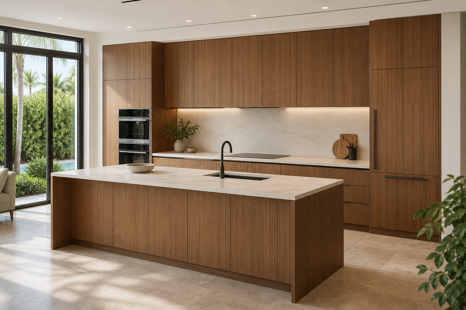 Design visualization of a kitchen with brown-stained slab cabinet doors