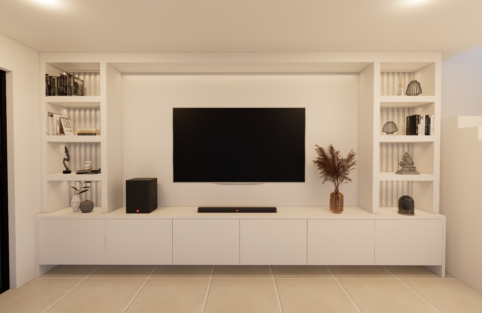 Custom white built-in media wall with open shelving and low cabinets
