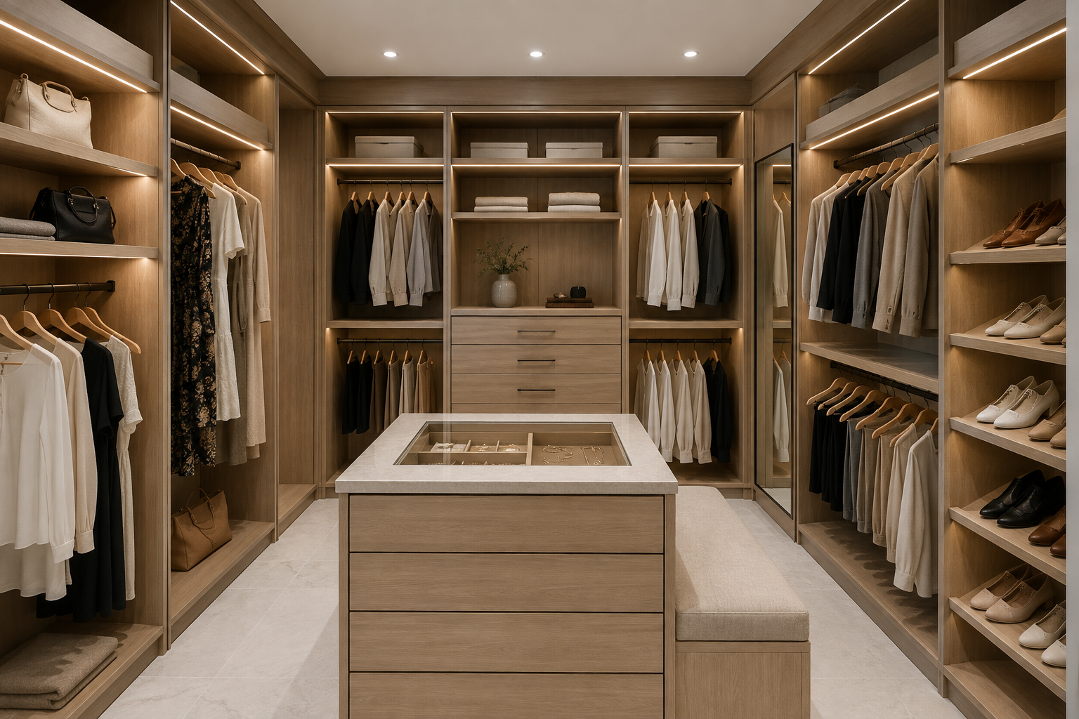 Design visualization of a walk-in closet with light oak cabinetry, integrated LED lighting, hanging sections, shoe shelving, and a center island with a glass-top jewelry drawer