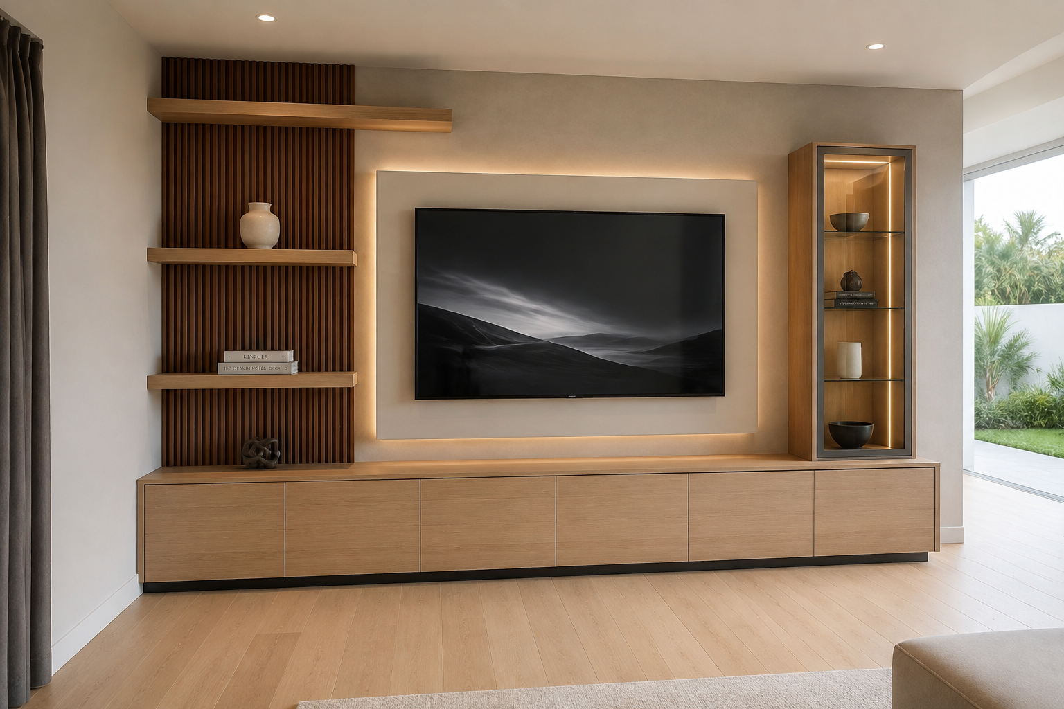 Design visualization of a wall-to-wall built-in media wall with light oak cabinetry, slatted walnut panel, floating shelves, and a lit glass display tower