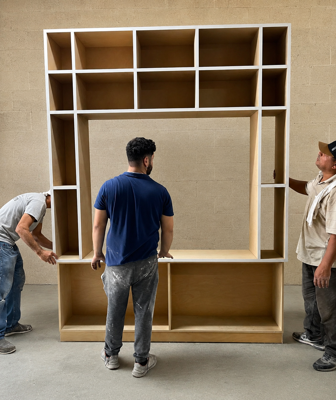 CQ team members handling a media wall cabinet carcass in the shop