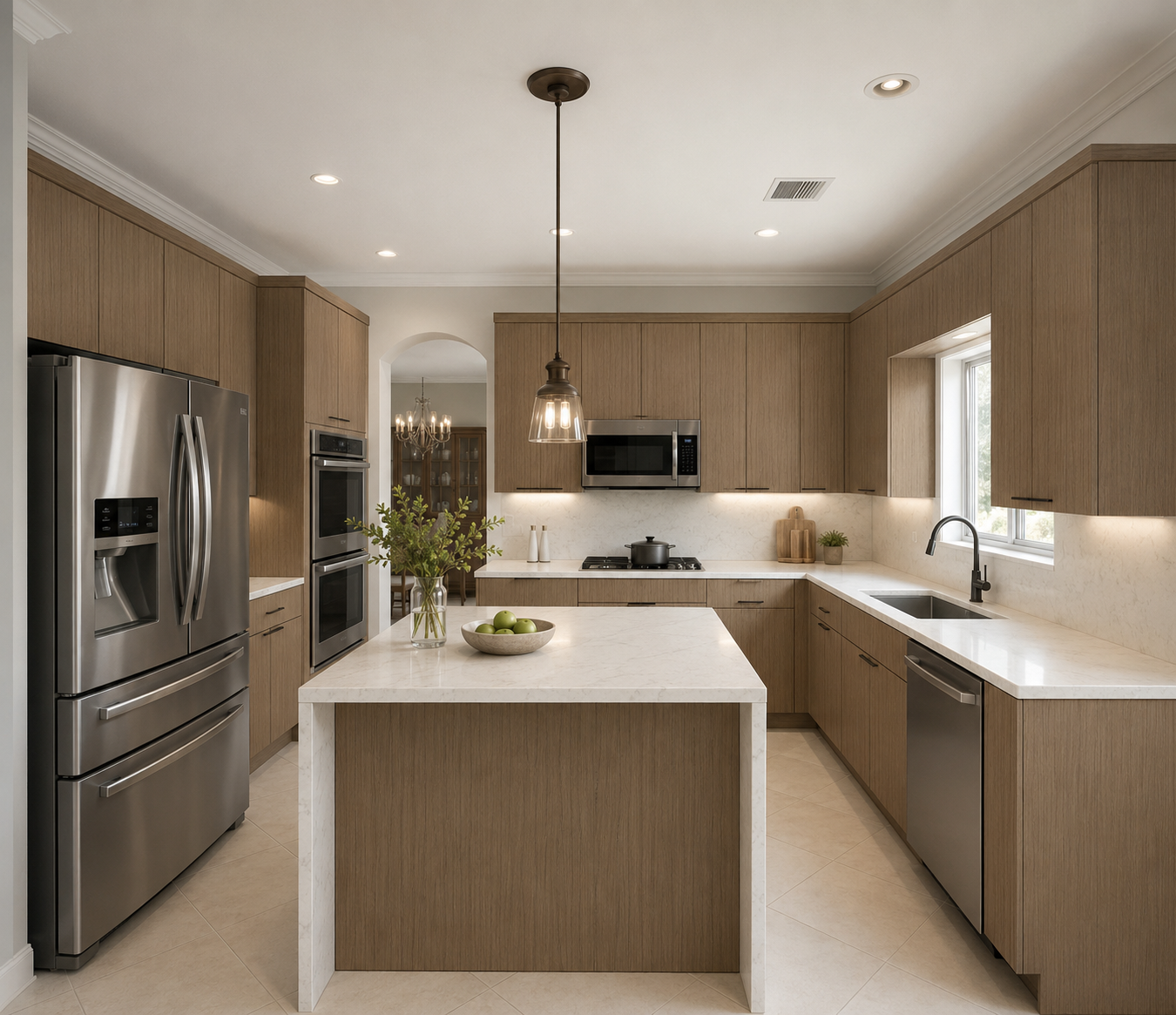 Kitchen with taupe oak slab cabinetry produced as a matched component run