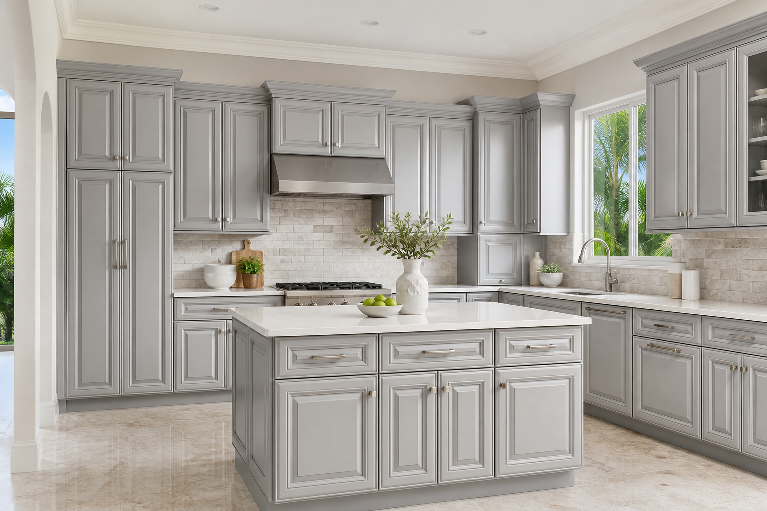 Design visualization of a kitchen with gray raised-panel cabinet doors