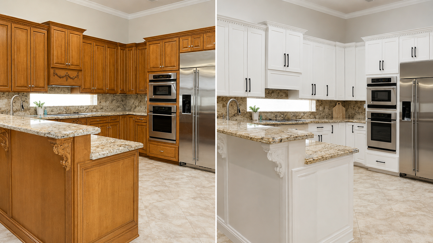 Side-by-side comparison of a kitchen with stained wood raised-panel cabinetry and the same kitchen updated with new white doors and black hardware